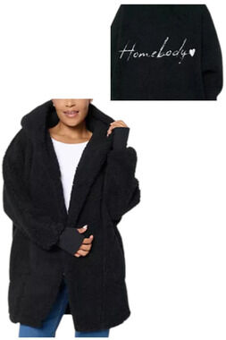 By Jill Martin Women's Sherpa Embroidered Hooded Lounger Black - Regular
